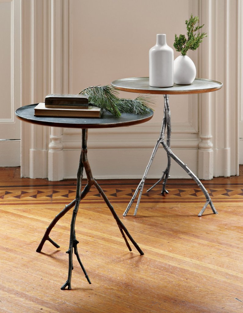 Birch branches gathered in the forest were used to make the twiggy legs of West Elm’s side table ($249).