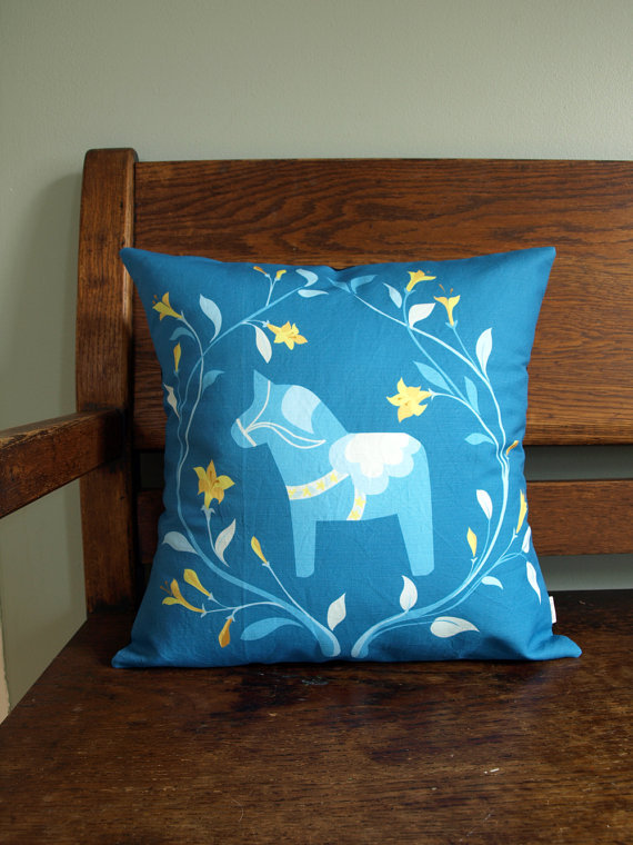 A pillow cover from Annika Schmidt of Portland features the Dala horse, a symbol of Swedish culture.