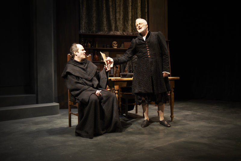 Hall Hunsinger, left, as Martin Luther and Michael Hammond as John Faustus in the David Davalos comedy “Wittenberg,” about the young Hamlet in college, continuing through May 19 at Portland Stage Co. Rob McFadyen plays Hamlet.