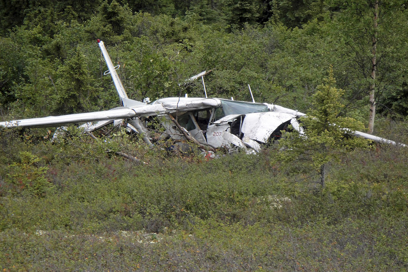 This crumpled Cessna, seen in the Alaska wilderness west of McGrath, was carrying six people when it crashed on Aug. 13, 2011, killing the pilot and a longtime schoolteacher from Anvik. The survivors, Donald and Rosemarie Evans and their two children, were rescued after more than 15 hours.
