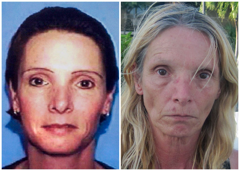 This combination of file photos shows, left, a driver’s license photo of Brenda Heist in 2002, and, right, a photo of Heist taken Friday.