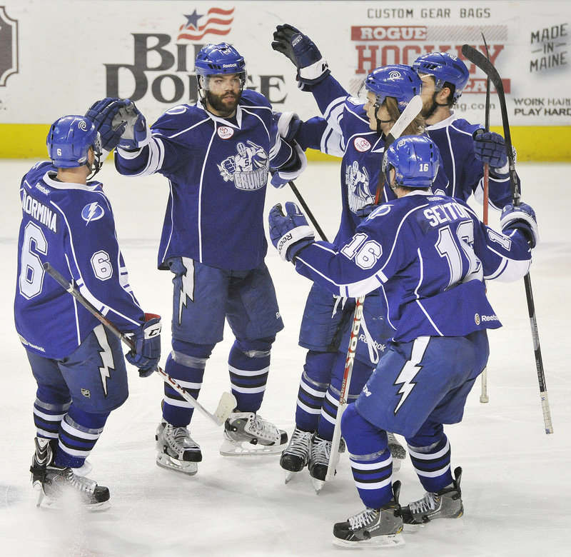 While the Portland Pirates had little to celebrate Thursday night … or throughout their three-and-out stint in the playoffs … the Syracuse Crunch celebrated this second-period goal by Radko Gudas, then went on to a 4-3 overtime victory at the Cumberland County Civic Center.