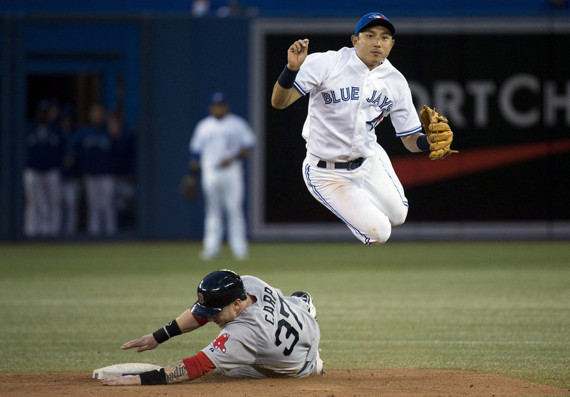 Munenori Kawasaki of the Toronto Blue Jays leaps over Mark Carp of the Boston Red Sox and throws to first to complete a double play Thursday night. The Red Sox won, 3-1.