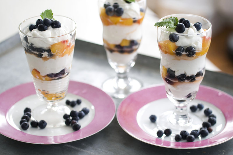 Easy-to-make blueberry-peach mousse parfaits.