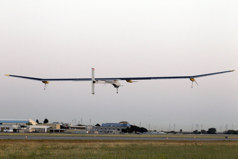 The Solar Impulse takes off on a multicity trip across the United States from its start in Mountain View, Calif., on Friday.
