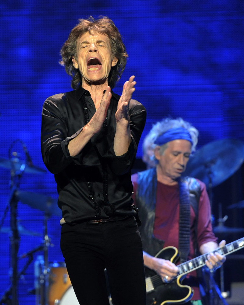 Mick Jagger, left, and Keith Richards of the Rolling Stones perform Friday in Los Angeles.
