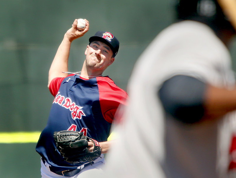 Portland’s Brandon Workman delivers a pitch against the New Britain Rock Cats on Sunday at Hadlock Field. Workman allowed six hits, two walks and four runs in 5 2⁄3 innings, with eight strikeouts. Despite the loss, the Sea Dogs still own the EL’s best record, 18-10.