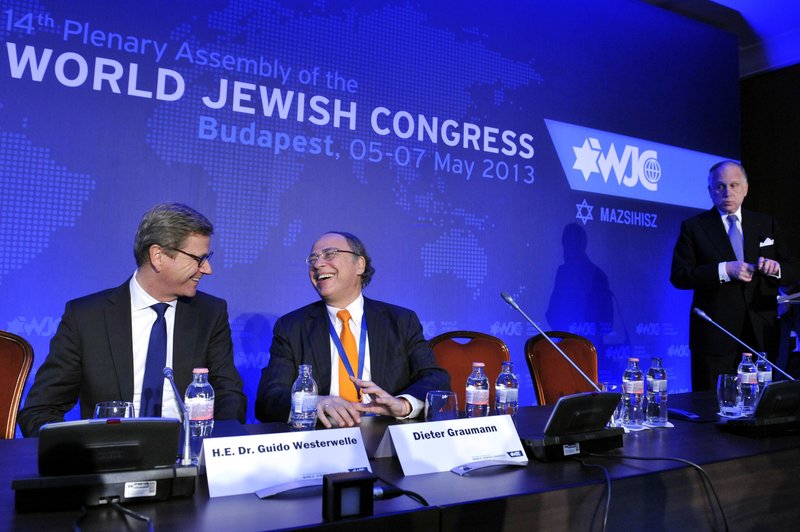 From left, German Foreign Minister Guido Westerwelle, President of the Central Council of Jews in Germany Dieter Graumann and President of the World Jewish Congress Ronald S. Lauder are seen in Budapest on Monday.