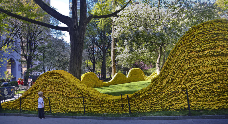 Artist Orly Genger used more than 1.4 million feet of recycled lobster rope to create her installation in New York City’s Madison Square Park. It will be on view through Sept. 8.