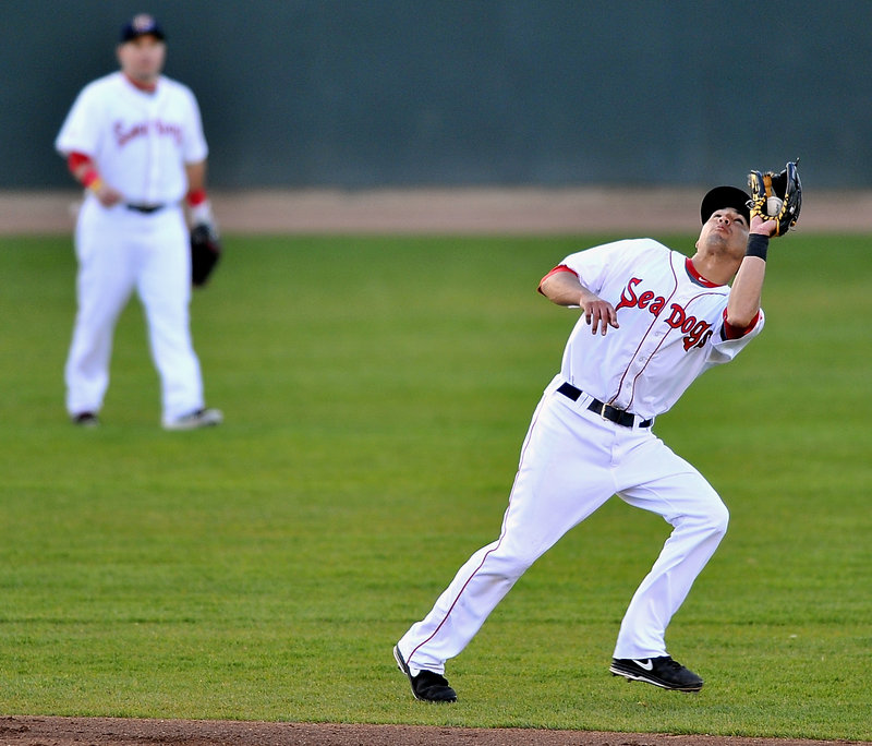 Portland’s Derrik Gibson corrals a short pop fly in a 5-1 loss to Reading at Hadlock Field on Tuesday – only the second defeat in 10 games for the Sea Dogs.