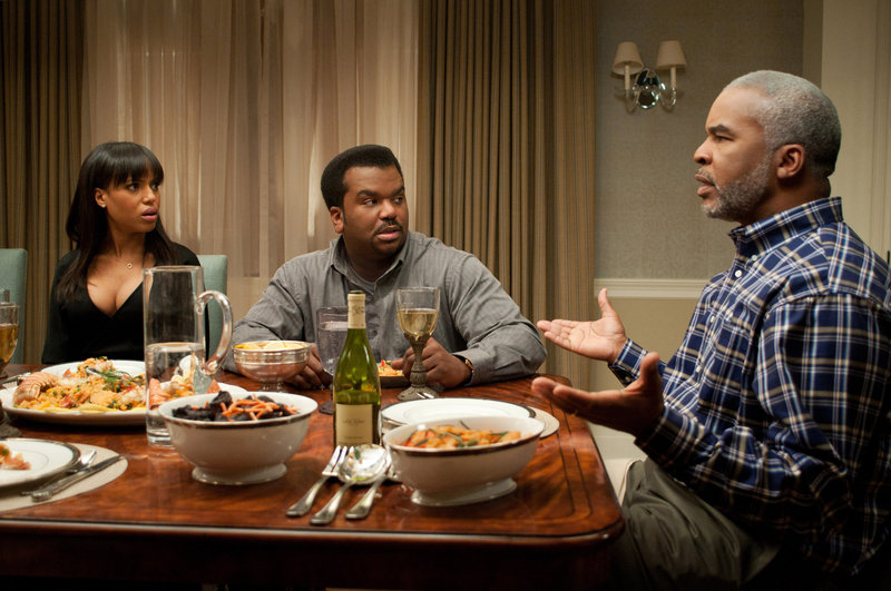 Kerry Washington as Grace Peeples, Craig Robinson as Wade Walker and David Alan Grier as Virgil Peeples in a scene from ”Peeples,” opening Friday.