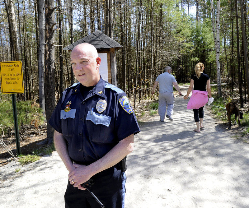 Saco Deputy Police Chief Jeff Holland, seen at Cascade Falls Thursday, said police are checking for “suspicious and illicit behavior” in the family-friendly park.