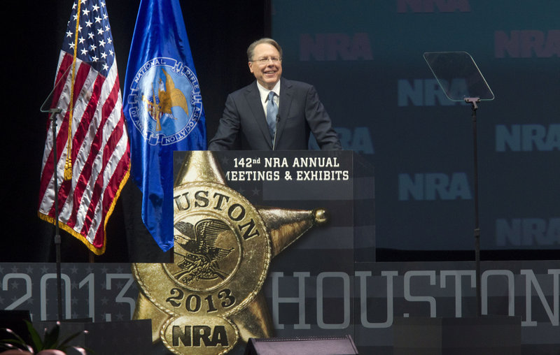 CEO Wayne LaPierre addresses the National Rifle Association convention May 4. A reader says he was disturbed by reports that those at the convention were advised to store guns in youngsters’ bedrooms.