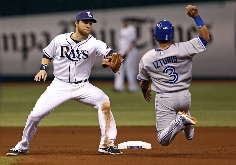 Ben Zobrist, second baseman for Tampa Bay, waits to put the tag on Toronto’s Maicer Izturis, in a strike-’em-out, throw-’em-out double play during the Rays’ 5-4 win Thursday.