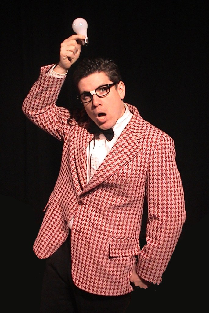 Leland Faulkner as Wally Wiggins, above, and Mike Miclon as Dickie Hyper-Hynie, below, bring their entertainment expertise to the “Geeky Edition of the Early Evening Show” Friday and Saturday at the Freeport Theater of Awesome.