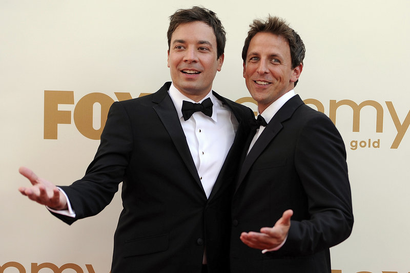 Seth Meyers, right, will replace Jimmy Fallon, left, when Fallon replaces Jay Leno on “Tonight” next year.