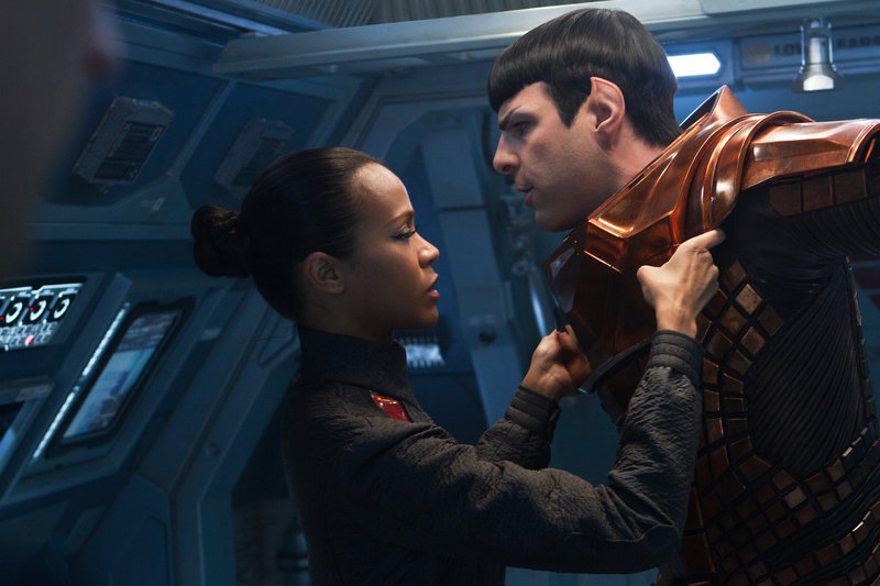 Zoe Saldana as Uhura is emotionally attached to Zachary Quinto as Spock in J.J. Abrams’ new “Star Trek” film.