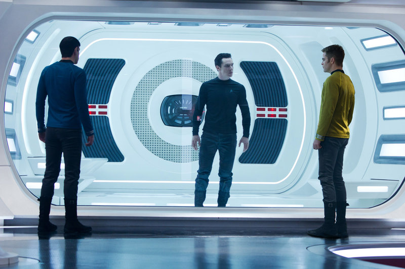 Zachary Quinto, left, as Spock, Benedict Cumberbatch as John Harrison and Chris Pine as Kirk