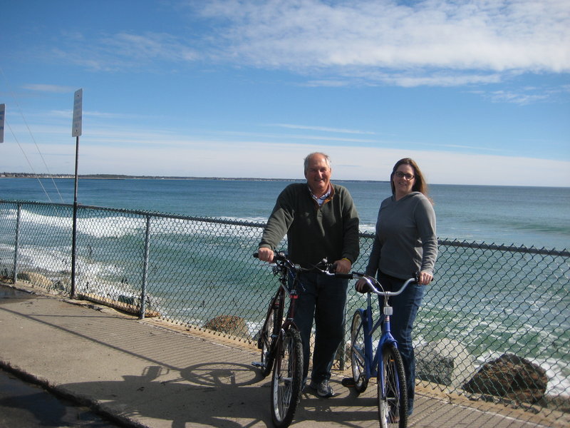 Ride volunteers Jennifer Beadnell, with the American Cancer Society, and Mike Fairweather, with the Beach Bike Ride for Charity, train for the Annual Beach Bike Ride for Charity, set for June 15 on the Wells coast.