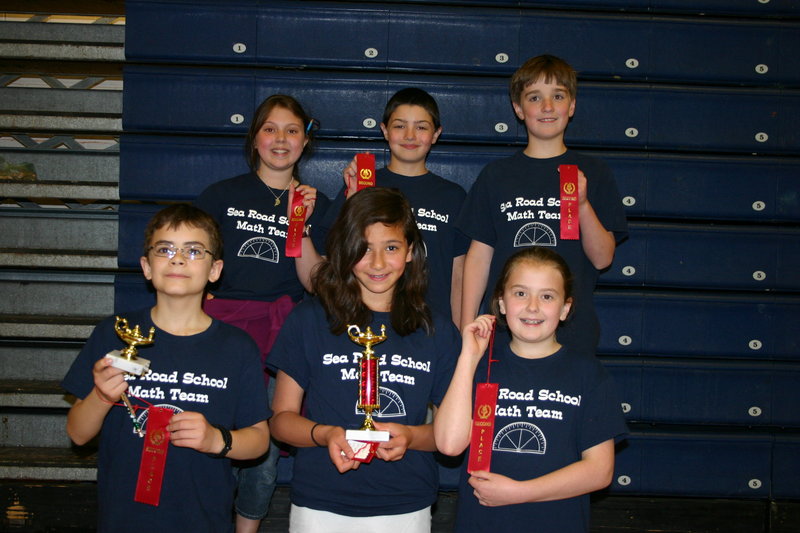 Members of the Sea Road School Math Team with their second-place ribbons, awarded at the Southern Maine Elementary Math League season finale. From left, front row, are Ethan Eickmann, Mia Banglmaier, Ellen Neale. Back row, from left, Julia Connolly, Ryan Connors and Benjamin Quist.