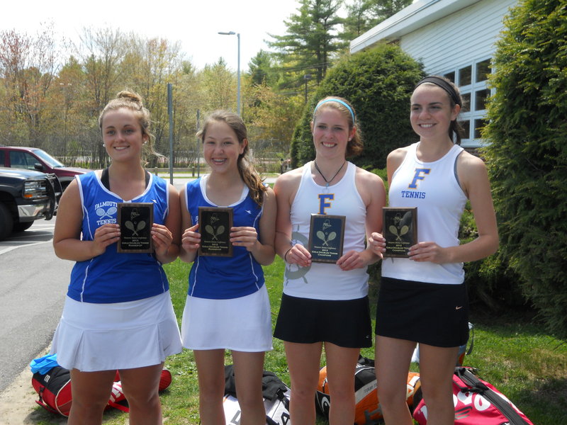 Falmouth’s Katie Carew, from left, and Caroline Ray don’t like losing a doubles match, but at least it was to teammates Abby Payson and Kate Ryan in the Western Maine Conference.