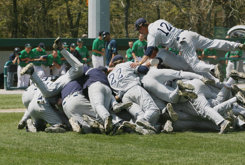 It’s a pile of joy for the USM baseball team following Sunday’s rout of Endicott College in the NCAA Division III New England tournament in Harwich, Mass. Now it’s on to next weekend’s national tournament for Coach Ed Flaherty’s Huskies.