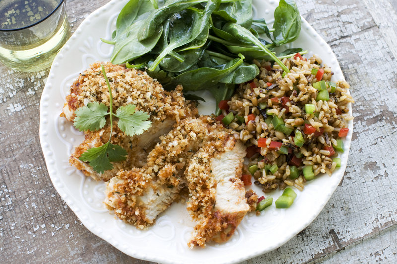 Panko bread crumbs add a satisfying crunch to the boneless, skinless breasts used in baked barbecue chicken.