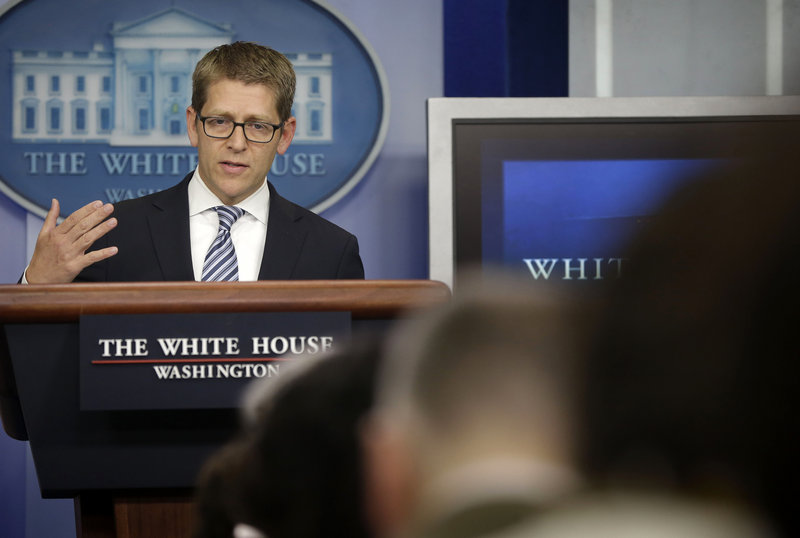 White House Press Secretary Jay Carney gives his daily news briefing Monday. Carney spoke on subjects including the recent scandals involving the IRS and Justice Department.
