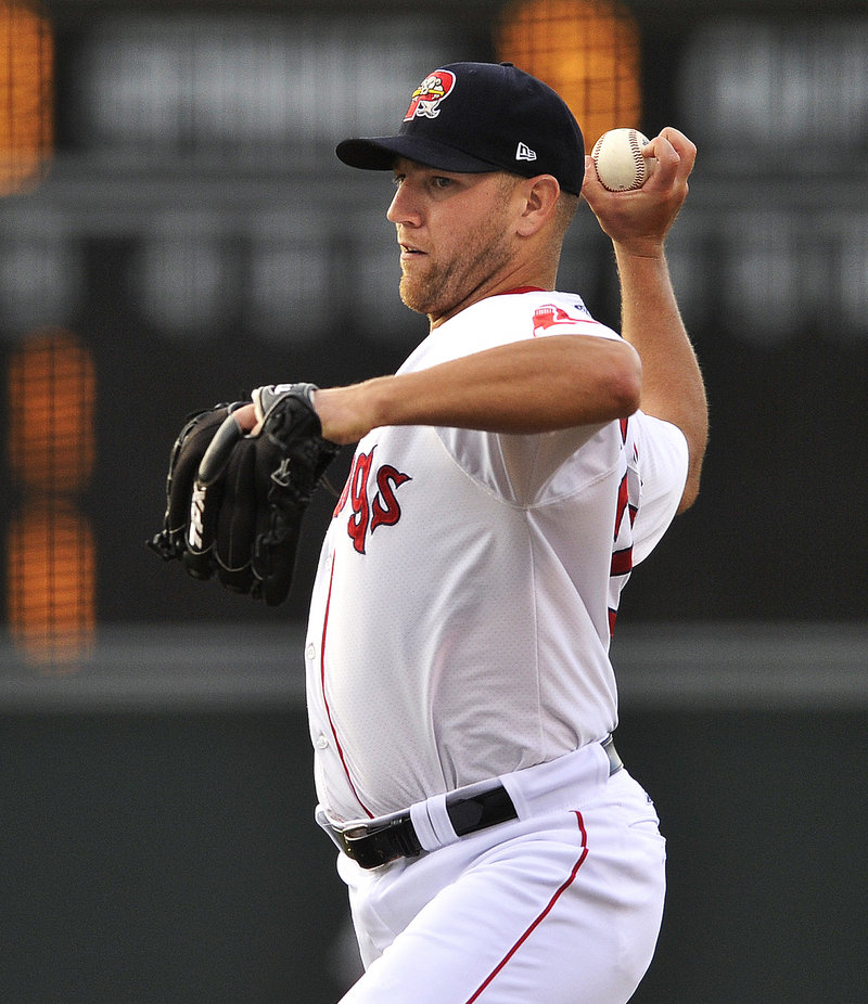 Portland starter Charlie Haeger delivers a knuckleball during the second inning of Monday’s game at Hadlock Field.