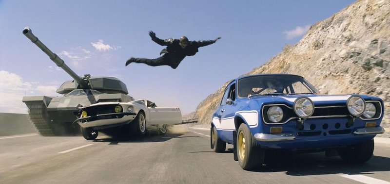 One of the car chases in “Fast & Furious 6” includes a tank.