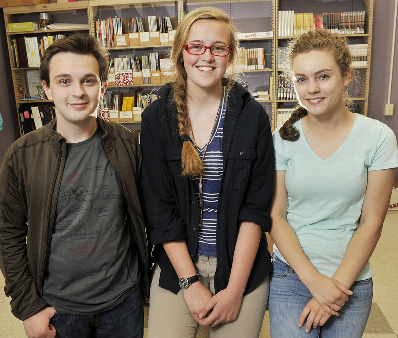 Freeport High School juniors, from left, Dalton Chapman, Katie McClellan and Shelby Sawyer were the top three vote-getters out of 22 students for their proposed new mottoes, which will be presented to the Town Council.