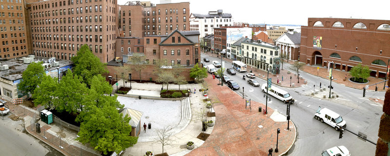 Congress Square Plaza, across from the Portland Museum of Art at right and the renamed Westin Portland Harborview Hotel at far left, is located at a key intersection of the city, but many agree it is not a successful or well-maintained space.
