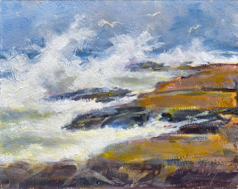 “Storm Surf,” an oil painting by Byrom, who makes hundreds of paintings a year.