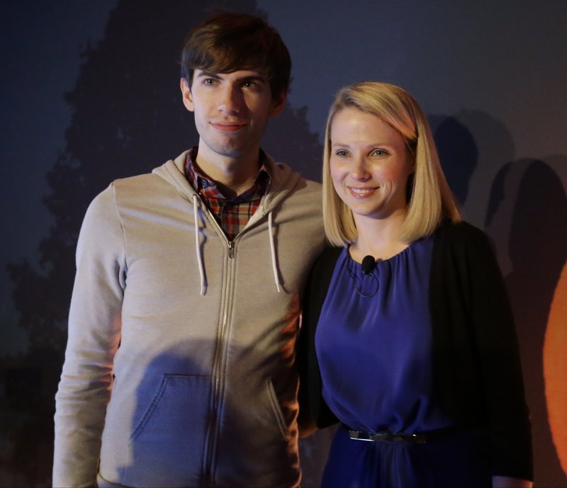 Tumblr CEO David Karp appears earlier this year in New York with Yahoo CEO Marissa Mayer. Karp, 26, who sold the online blogging forum to Yahoo for $1.1 billion, is a high school dropout.