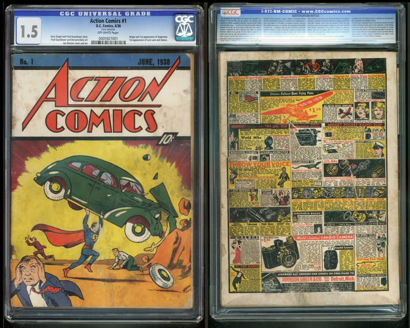 Image shows Action Comics No. 1 from 1938, featuring the debut of Superman, the Man of Steel.