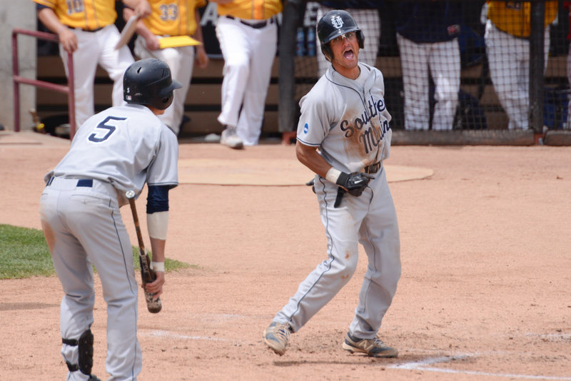 Anthony Pisani celebrates after scoring the game’s first run on a single by Sam Dexter in the third.