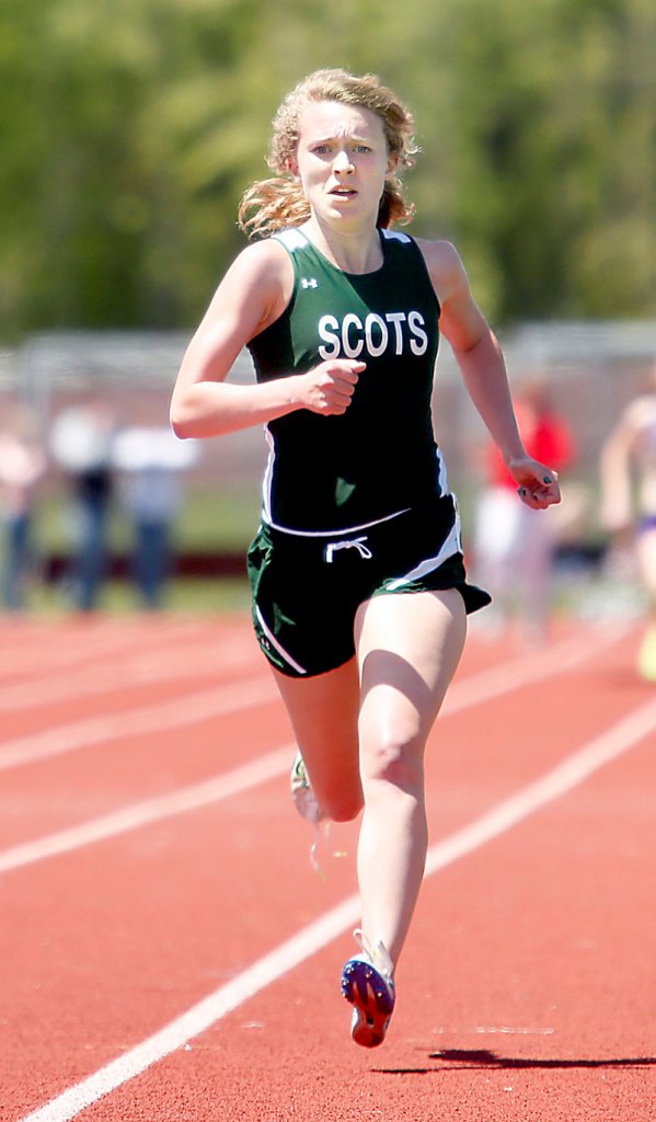 Samantha Cox of Bonny Eagle heads toward the finish line to win the 1,600 in 5:15.98. She also placed second in the 800.