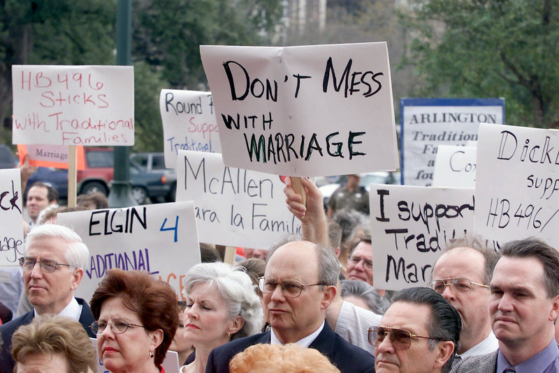 Opposition to gay marriage remains strong in states such as Texas where dozens of proponents attended a February 2001 rally at the Capitol in Austin in support of legislation that would limit marriage to between a man and a woman.