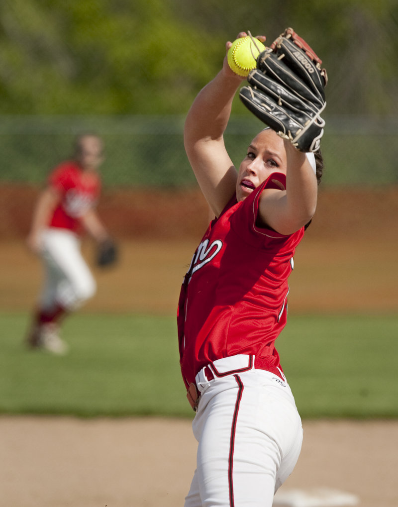 Erin Giles of Scarborough throws a pitch in Tuesday’s softball game at Biddeford. The Red Storm won, 9-5.