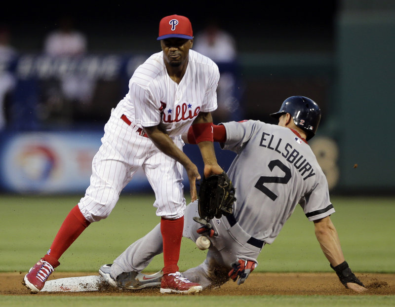 This was a familiar sight Thursday night: Jacoby Ellsbury of Boston sliding in with a stolen base. Jimmy Rollins takes the throw for the Phillies. Ellsbury had a team-record five steals.