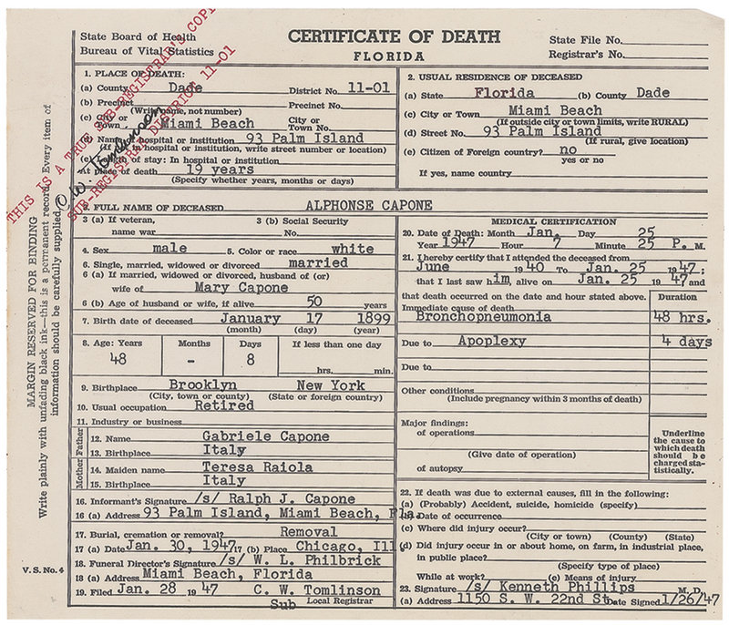 This image released Thursday, May 30, 2013, by RR Auction in Amherst, N.H., shows the death certificate for gangster Al Capone. The document is part of an "Old West, Gangsters and Mobsters" collection that will be auctioned in June. Capone died in 1947 at age 48. (AP Photo/RR Auction)