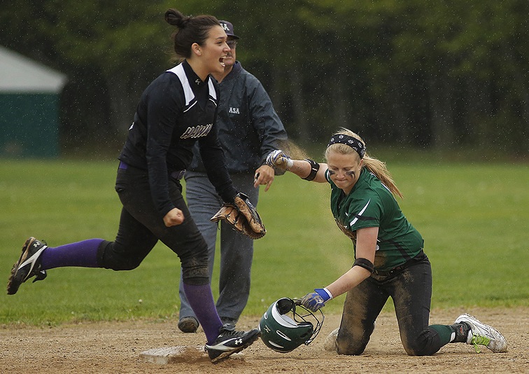 Kim Hussey of Marshwood reacts after Bonny Eagle’s Mariah Harrison is out at second base during Wednesday’s softball game at Standish. The game ended 5-5 after seven innings because of rain and will be counted as a tie.