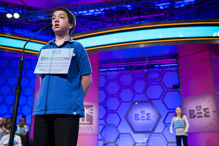Brandon Aponte, 12, a seventh-grader at Downeast Home School Co-op in Ellsworth, Maine, competes in the preliminary rounds of the Scripps National Spelling Bee at the Gaylord National Resort and Convention Center in National Harbor, Md., on Wednesday.