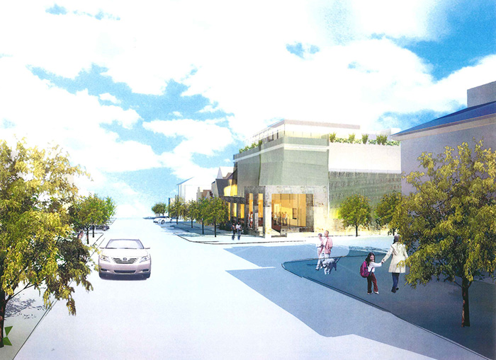View looking east on Congress Street toward proposed St. Lawrence performance center on right. Artist's rendering.