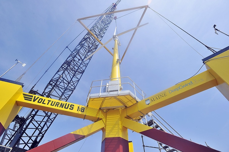 A scale model of the VolturnUS wind turbine was christened in May. The model will test the device and lead the way to larger and more powerful wind energy generators.