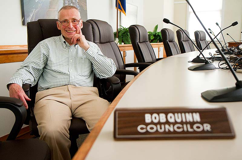 Old Orchard Beach City Councilor Bob Quinn sits in the Council Chambers at Town Hall on Wednesday. Bob was the only one of the previous council to be re-elected,