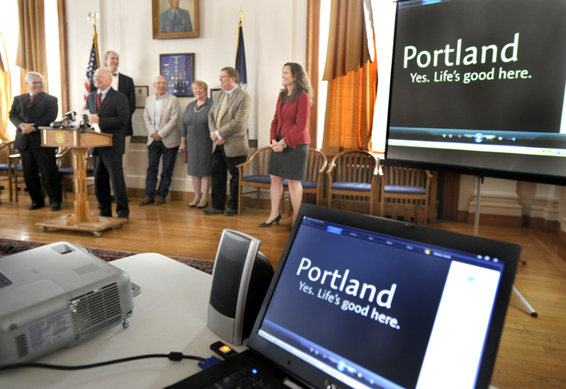 Portland Mayor Michael Brennan speaks during the unveiling of the city's new slogan, "Portland, Maine. Yes. Life's good here," during a news conference at Portland City Hall on Tuesday. Slogan
