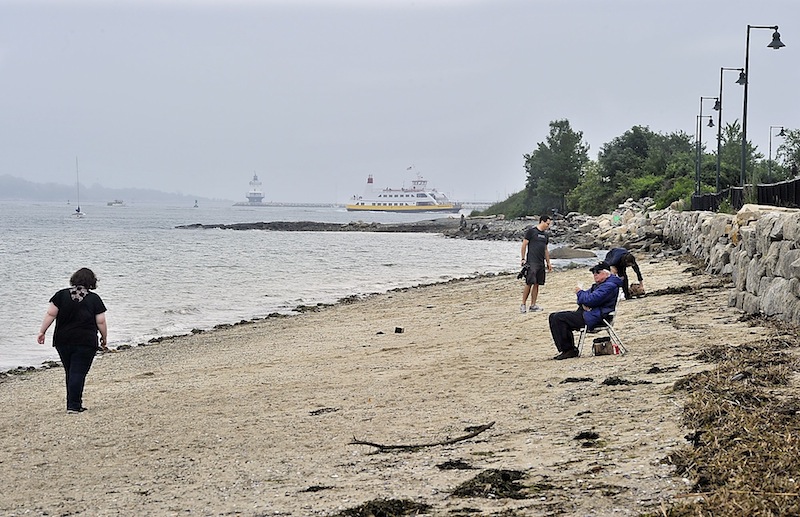 People enjoy East End Beach in Portland on Thursday, June 27, 2013 as a Casco Bay Ferry passes in the background. Maine has sunk to 27th on the list of 30 coastal states that are rated by the Natural Resources Defense Council for the water quality of their beaches.
