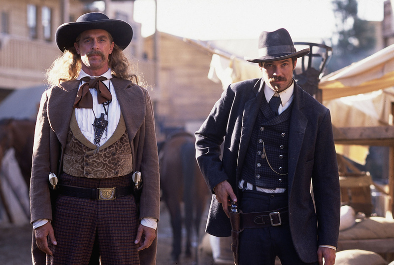 Keith Carradine, left, who played the legendary gunslinger "Wild Bill" Hickok, is shown with Timothy Olyphant in a scene from "Deadwood," HBO's gritty Western drama.