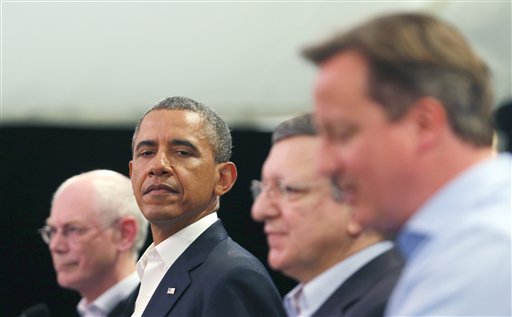 From right, Britain's Prime Minister David Cameron, European Commission President Jose Manuel Barroso, U.S. President Barack Obama and European Council President Herman Van Rompuy attend a media conference regarding EU-US trade at the G-8 summit in Enniskillen, Northern Ireland, on Monday.